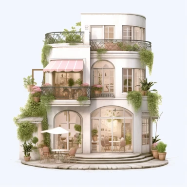 Lovely pink French cafe with a vintage - inspired charm. The exterior is adorned with pink floral accents and classic French signage. Inside, the cafe offers a cozy and nostalgic ambiance. Clipart, solid white background, Ultra - detailed, hyper - realistic, intricate detail