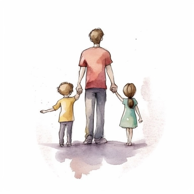 children holding father's hand, water color style, clipart, white background