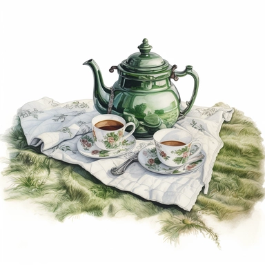 watercolor, hyper realistic, white background with margins, 8k, ultra detailed clipart, victorian style, cut out image a teapot and cups, outdoor, on blanket on grass, green and white