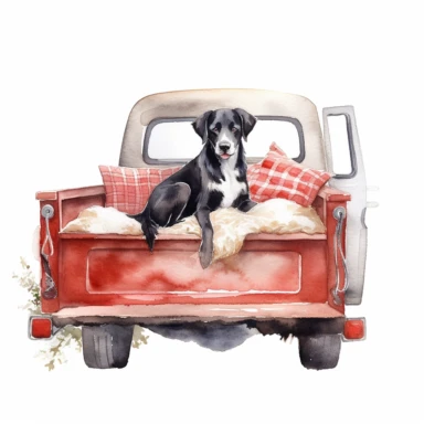 watercolor old farm truck with happy dog in bed, clipart, white background