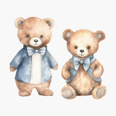 cute baby bears wearing bow ties, clipart, watercolor