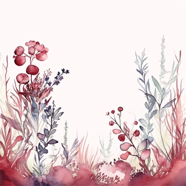 elegant, moody, soft, serene ((heavily diluted watercolor floral border)), ((abundant winter wildflower field)), ((cranberry colors)), November wedding Clipart, dawn, with (((solid white visible background))) ar--32:9