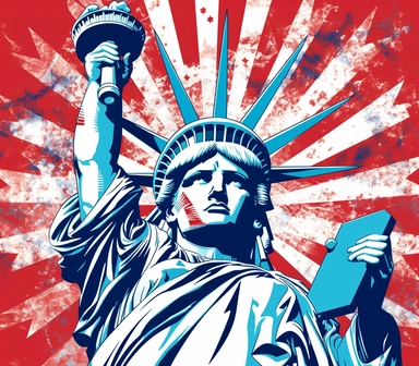 Create a bold and eye-catching clip art that showcases Freedom in patriotic colors, emphasizing the spirit of independence and liberty, white background, in the style of line drawing