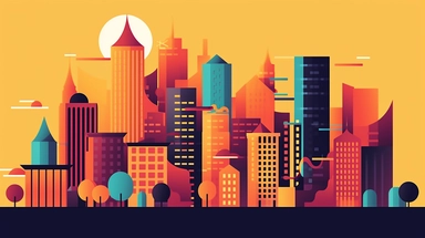 clipart of a simple city skyline, Alegria style, corporate memphis style, flat art, bold colors, upbeat, happy, simple lines, minimalist, friendly, high resolution, 8k