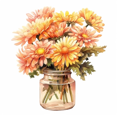 a bunch of chrysanthemum in a glass jar no water mark, water colour clipart