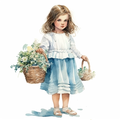 watercolor, hyper realistic, white background, white margins, 16k, ultra detailed clipart, cut out image, hand-drawn a girl in a dress with flowers and basket in front of her, in the style of dark white and light blue, children's book illustrations, soft watercolours, pictorial fabrics, light emerald and light brown, light white and light blue, magical