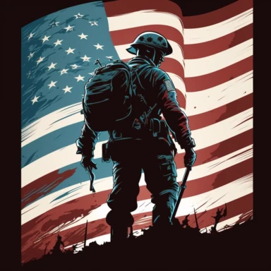 Behind the soldier, a large American flag gracefully unfurls, creating a backdrop that symbolizes the ideals of freedom, unity, and patriotism. The flag is depicted in its iconic red, white, and blue color scheme, with the stars and stripes meticulously rendered to reflect the familiar design clipart