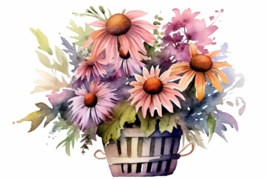 Watercolor , Echinacea in a Mesh basket, clipart, hd, on a white background, spaced out