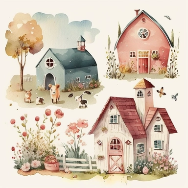 watercolor illustration, country, farm house clipart, cute, happy, adorable, high quality, for children, soft brush texture, soft colors