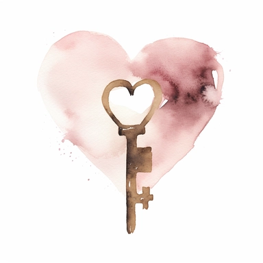 simple chinese watercolor image of a heart shaped key, faded simple minimalist abstract, limited brushstrokes, incorporating thin brown and dusky pink lineart brushstrokes on a white background clipart