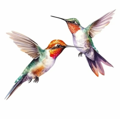 clipart, pair of humming birds, solid watercolor art style, ultra realism, pure white background