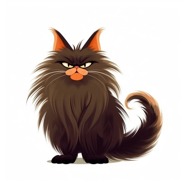 Clip Art of FRIGHTENING HALLOWEEN THEME Big Maine CAT Breed with with Extra long thick Fantasy hair a beautiful thick fluffy tail and elongated ears that are tufted, FANGS, CLAWS, 2D, VECTOR on white background