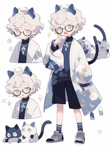 detailed character sheet, multiple poses and expressions, solid white background, character design, hyper detailed, fine detailed, reference sheet, full body, cat boy, age 16, cute Hair clips at the bangs (two clips ,making the equal sign), Messy curly medium short length hair, Glasses, band-aid patch that makes a multiply sign, Ivory White hair with dark blue roots, Ivory White tail with electric blue end, Electric blue eyes with plus sign sparkles, strip of blue in white hair, character refere