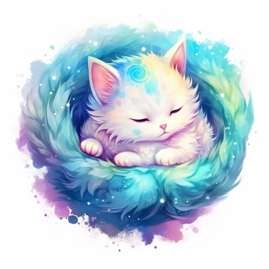A white cat sleeping in a blue and purple circle.