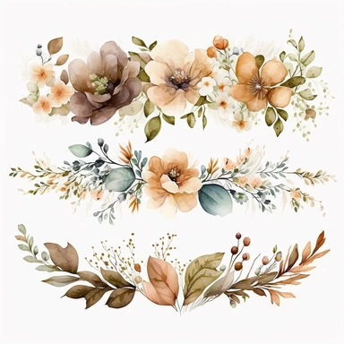 watercolor spring flower border, clipart isolated on clear white background, brown, peach, and cream, boho, lithograph, 32k uhd, textural