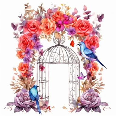 vector clipart, isolated on white background, beautiful lovely Watercolor Spring Floral Wedding narrow metal Arches, a lot of roses, Branches and leaves, clear curtains, white doves, ornated, vivid and saturated colors
