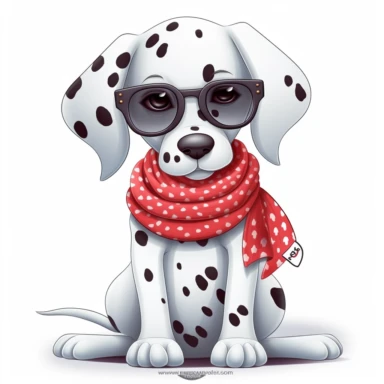 funny kawaii Dalmatian Puppy with Balenciaga sunglasses and cool bandana or necklaces, cute illustration, clipart, white backgound, Cuttable Design,full body