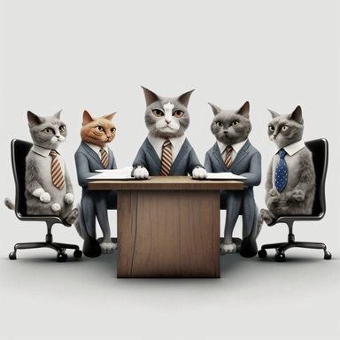 6 cats wearing suits sitting on chairs around a rectangular table having a business meeting realistic, clipart, white background