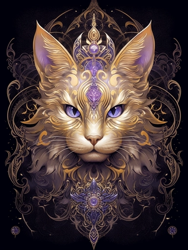 A cat portrait in a gold dress with ornate silver tattoo, in the style of black and lpurple, fractal patterns, mind - bending murals, zbrush, depictions of animals, distinctive noses, clipart png, photorealistic, watercolor, digital painting, WHITE BACKGROUND, fantasy style, realistic, painting, 8k, ultra details,