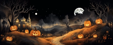 isolated illustration of a fantasy autumn halloween landscape scene, watercolor illustration, high resolution clipart, isolated on black background