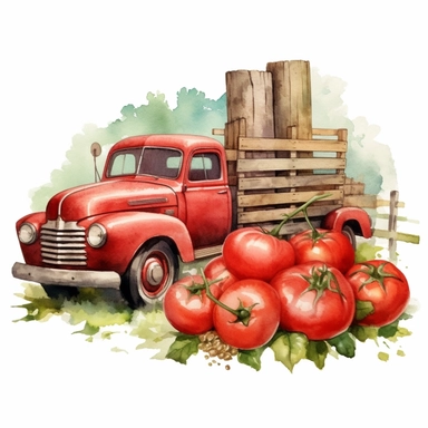 tomatoes with a bite missing , watercolor clipart & clip art, in the style of light red and dark gray, narrative paneling, classic american cars, uhd image, hand lettering, depiction of rural life, wood fence clipart