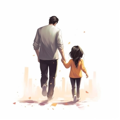 https://s.mj.run/UAYJRoBCAQg Cute Beautiful daddy and his daughter, black hair, little kids, Back view Sublimation Clipart,Cartoon,hyper realistic, intricate detail, illustration style,high solution , on the white background
