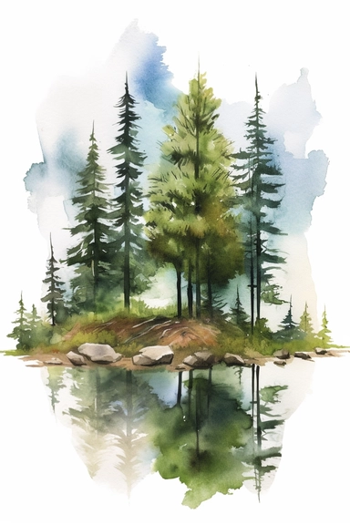 create a hand drawn watercolor Clipart of natural elements like trees, flowers, mountains, lakes, rivers, or wildlife, which can be used to enhance the overall camping scenes, 4k,