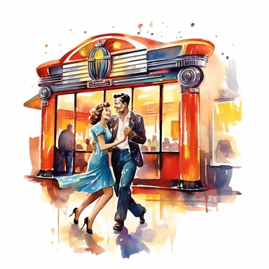 An image of a stylish establishment with a iconic jukebox in the background. A couple dances on the dance floor, surrounded by the nostalgic sound of their favorite songs, american style, watercolor, clipart