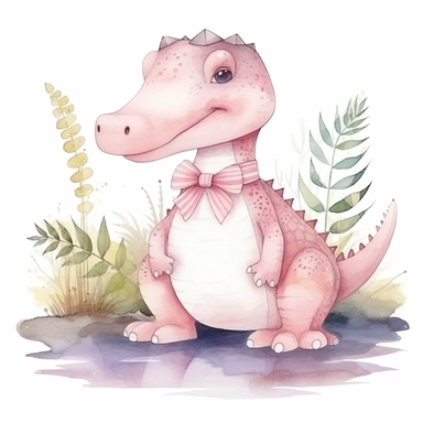 Nursery Watercolor Illustration clip art of cute pastel pink famale alligator walking on swamp water white background