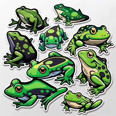 stickers of 10 brilliantly colored frogs separated frog stickers based on these keywords: stickers, black outline, stickers, colorful, lots of green too, 2d vector illustration sticker phone case stickers book journal stickers tiny stickers luggage stickers stickers skateboard stickers stickers goth stickers anime stickers laptop anime decal stickers spooky stickers thank you stickers printable frog sticker frog stickers cute frog sticker cute frog toad sticker water bottle sticker cute sticker 