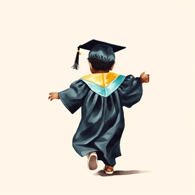 a black toddler graduate, with a yellow graduation cap and gown, afro, 3k graduation, backview, jumping, hands up, faceless, bold watercolor clipart