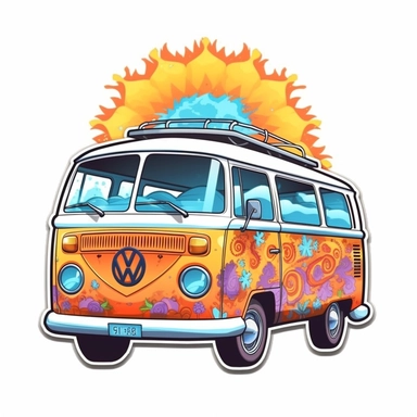 Cute Beautiful Hippie Van In Beach Sublimation Clipart, Cartoon, hyper realistic, intricate detail, illustration style, high solution, on the white background sticker