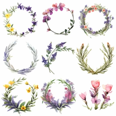 A charming and exquisite set of watercolor wildflower floral botanical wreaths for clipart, composed of beautifully hand-painted wildflowers in vibrant, yet soothing colors. The artist arranges the wildflowers, including lavender, buttercups, and wild roses, into graceful, circular designs that evoke a sense of serenity and natural beauty. Each wreath displays the artist's mastery of the watercolor medium, with intricate detailing on the delicate petals, leaves, and stems. These lovely wreaths a