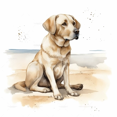 Hand drawn Labrador dog, at the beach, very detailed and realistic, watercolor, white background with margins, clipart style