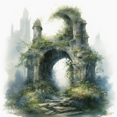 watercolor mixed media fantasy art, beautiful ruins of a ruined castle in the form of an arch, overgrown with white and blue flowers and moss, behind the arch you can see a path through a mysterious forest to distant mountains, flowers and trees and moss, masterpiece by Gerald Brom and by Alexander Jansson and by Ryohei Hase, Baroque Architecture, PNG clipart, isolated on white, extreme photorealistic details, 32k HD resolution, realistic high detailization high resolution