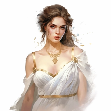 beautiful stunning pretty vintage greek goddess character, paint art style, clipart, white background, superrealistic, one of a kind