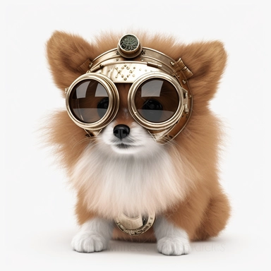 steampunk pomeranian wearing googles, photorealistic, white background, clipart