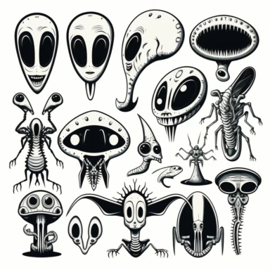 weird martians cartoon stickers, hand drawn, inspired by H.R Giger illustration, vector, clipart, white background