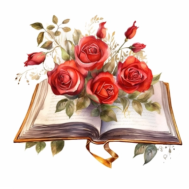 watercolor, white background, clipart, watercolor, white background, ultra-realistic and hyper-detailed clipart beautiful cozy open book with red roses, red and rich gold hues