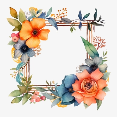 watercolor, Pretty flower decoration frame square png Full body realistic cartoon in 32K UHD cute. 15 cm thick outline. Black color. There was no shadow on the ground. 8k with realistic watercolors and detailed illustrations. PNG clipart, transparent white background