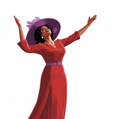 a black woman, dressed for church in a red dress and red church hat , hands up praising the lord, full body, detailed clipart