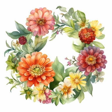 Watercolor Painting of beautiful multi - headed Zinnia Wreath FLOWERS on white background DETAILED ILUSTRATION, Flora Design Patterns, Flemish Baroque by Rachel Ruysch, Behance, Rococo, Intricate Detailed, Soft Light Effect, Oil Paint Strokes, Light Academia Aesthetic Flowers, Lighting cinematic, all shown shimmering stamens, tyndall light, texture, colorful, 8k, fantasy, ray tracing, vivid, spectacular lighting, octane rendering, highly detailed, ultra - realistic, white background, clipart