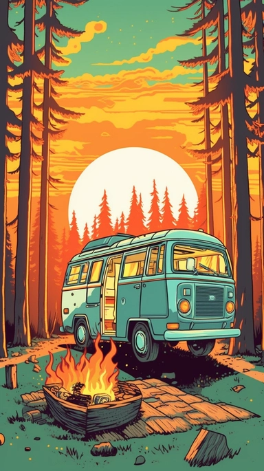 clip art, vector, colourful , camping, outdoors, camp fire , van life