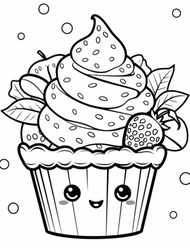 Kawaii Cake Icecream with delightful designs and flavors, like blueberry, chocolate chip, and banana For Simple Coloring page,line art, thick lines, black and white,clipart, illustration, on white background,margin Page 10px