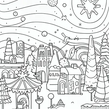 Elaborate Christmas scene, clipart style, line art, bold lines, smooth lines, clean, white, mono, fun, simple, “interesting complimenting background” uhd, 32k