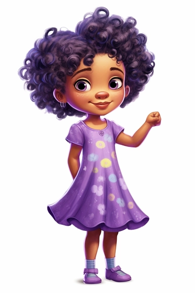 4 year old cartoon Pretty children, cute cartoon black girl with curly hair, wearing purple dress smiling with her arms crossed. Pixar childrens book cartoon style, detailed, modern, urban, watercolor, full color, flat color, white background, children book illustration. Watercolor clipart. Pixar animation