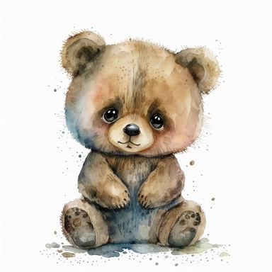 watercolor full body cute baby bear character, big eyes, clipart, isolated object, white background, chinese watercolor painting, highly detailed