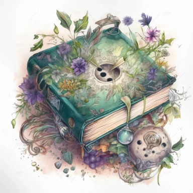 witch magical book decorated with flowers , in the style of mystic mechanisms ,pencil art illustrations, Isolated white background, reimagined by industrial light and magic, lith printing, illusory images, watercolor clipart, very subtle emerald tones, , ,