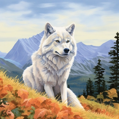 A white wolf sitting proudly, looking off into the camera, with forest and mountains framing the scene, vivid colors, watercolor by Thomas W. Shaller, clipart, solid background, no watermark, 8k