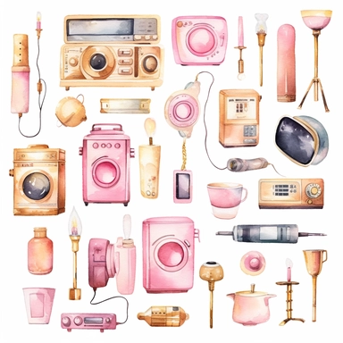 handpaint, gadget clipart,devices icon set, isolated white background, single design, sharp, bold , sweet pink, cream pastel, gold, hand-painted watercolor